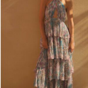 BHLDN Danielle Halter Front-Cutout Printed Tiered Chiffon Maxi Dress